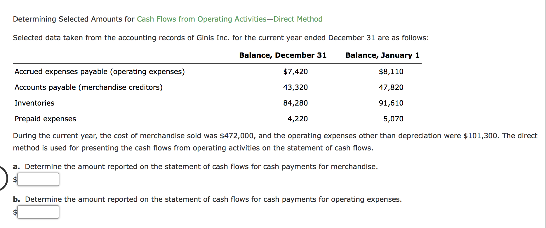  Determining Selected Amounts for Cash Flows from Operating ActivitiesDirect Method Selected