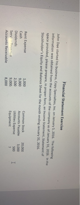  Financial Statement Exercise John Doe started his business, Copy Specialties, Inc,