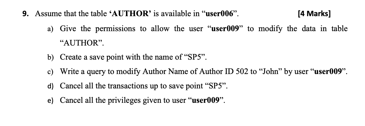  9. Assume that the table AUTHOR' is available in user006. [4