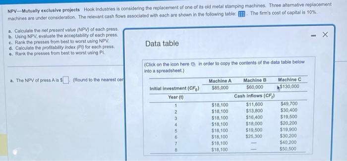 #17 NPV-Mutually exclusive projects Hook industries is considering the replacement of one