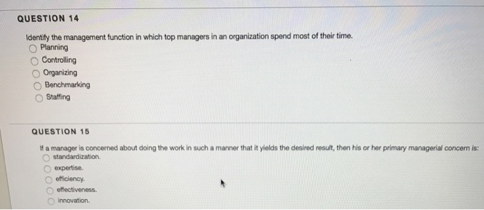  QUESTION 14 Identify the management function in which top managers in
