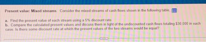 Q12) A-B Present value: Mixed streams. Consider the mixed streams of cash