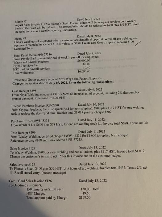  Meno #2 Dated July 3, 2022 Adjust Sales Invoice #122 to