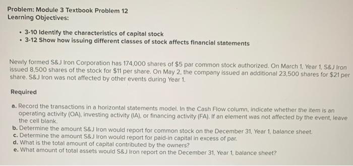  Problem: Module 3 Textbook Problem 12 Learning Objectives: 3-10 Identify the
