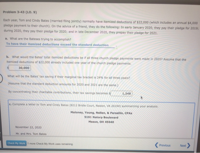  Problem 3-43 (LO. 9) Each year, Tom and Cindy Bates (married