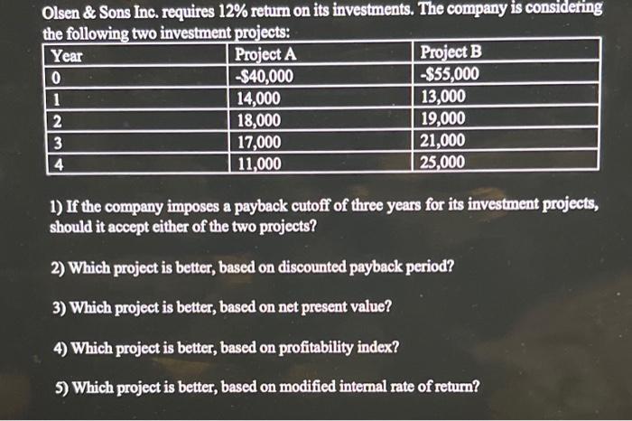 Cant figure this out need help please! Olsen \& Sons Inc. requires