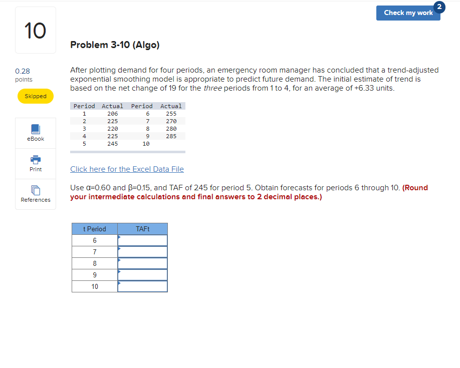Problem 3-10 (Algo) After plotting demand for four periods, an emergency room
