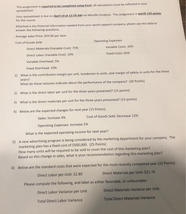  This assignment is required to be completed using Excel, all calculations