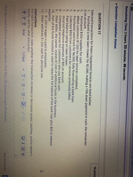  Remaining Time: 2 hours, 55 minutes, 46 seconds. Question Completion Status: