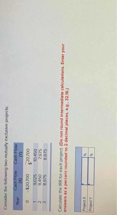  Consider the following two mutually exclusive projects: Year Cash Flow 0