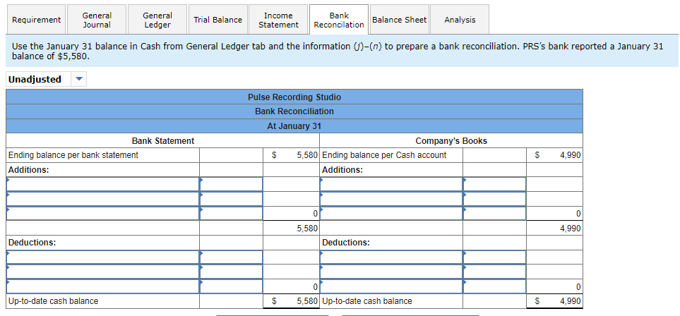 Journal: Bank Reconcilation before any information is added: C5-1 (Algo) Recording Transactions
