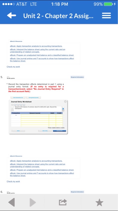  AT&T LTE 1:18 PM Unit 2-Chapter 2 Assig eBook: Apply transaction