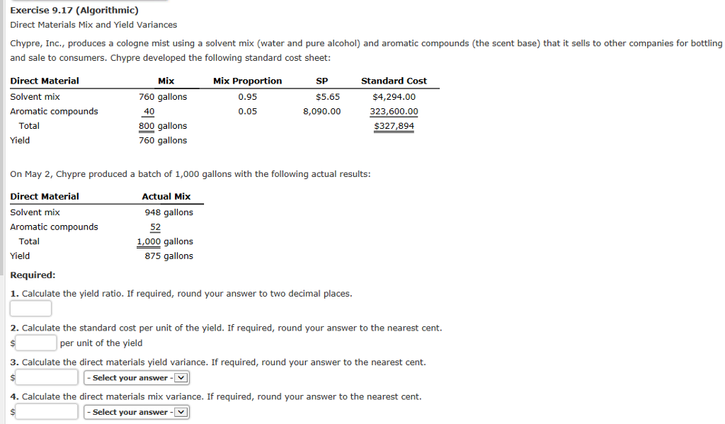  Direct Materials Mix and Yield Variances Chypre, Inc., produces a cologne