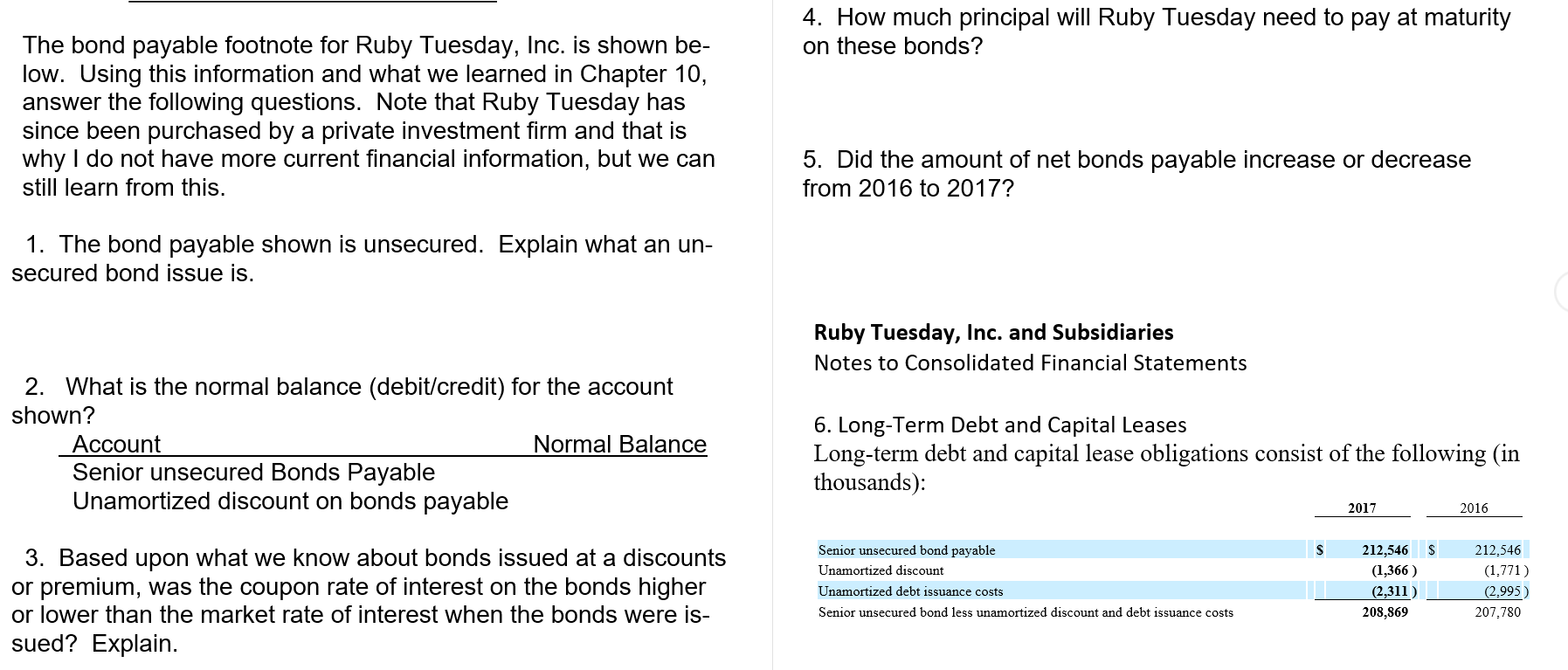 The bond payable footnote for Ruby Tuesday, Inc. is shown below. Using