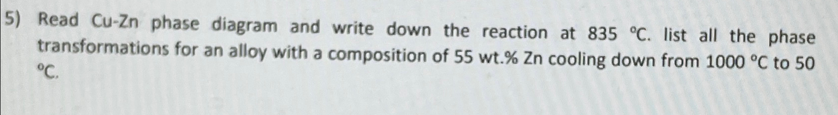  Read Cu-Zn phase diagram and write down the reaction at 835C.
