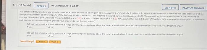  8. (-/10 Points) DETAILS BBUNDERSTAT12 6.1.011 MY NOTES PRACTICE ANOTHER In