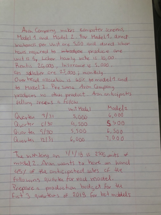  Aron Company makes computer screens, Model 1 and Model 2 For