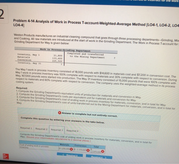  the work Problem 4-14 Analysis of Work in Process T-account-Weighted Average