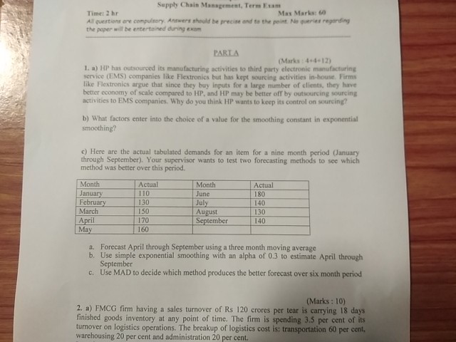  Supply Chain Management, Term Eam Max Mark:60 Time: 2 hr All