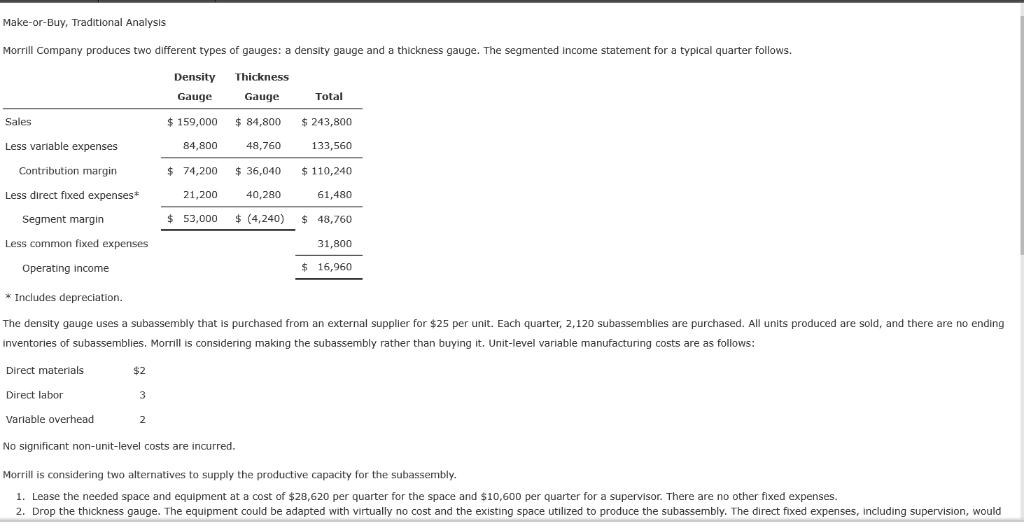 is considering two alternatives to supply the productive capacity for the subassembly.