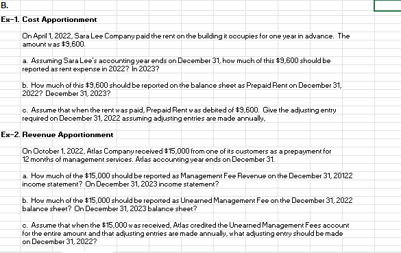 Ex-1. Cost Apportionment On April 1, 2022. Sara Lee Company paid the