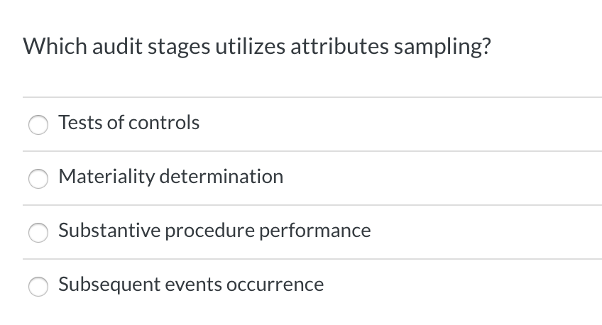 Which audit stages utilizes attributes sampling? Tests of controls Materiality determination