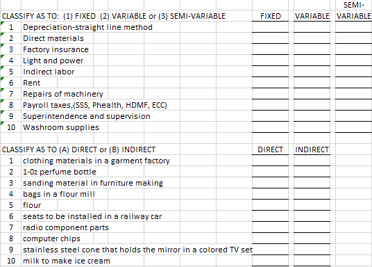 SEMI- VARIABLE VARIABLE FIXED CLASSIFY AS TO: (1) FIXED (2) VARIABLE