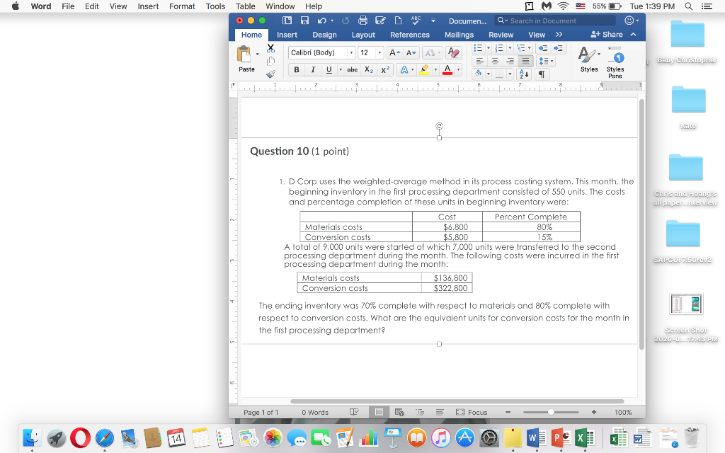 Word File Edit View Insert Format Tools 55% D Tue 1:39