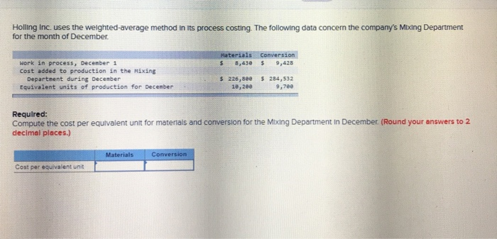  Holling Inc. uses the welghted-average method in Its process costing. The