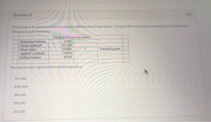  D | Question 5 1 pts The Goods in Process Inventory