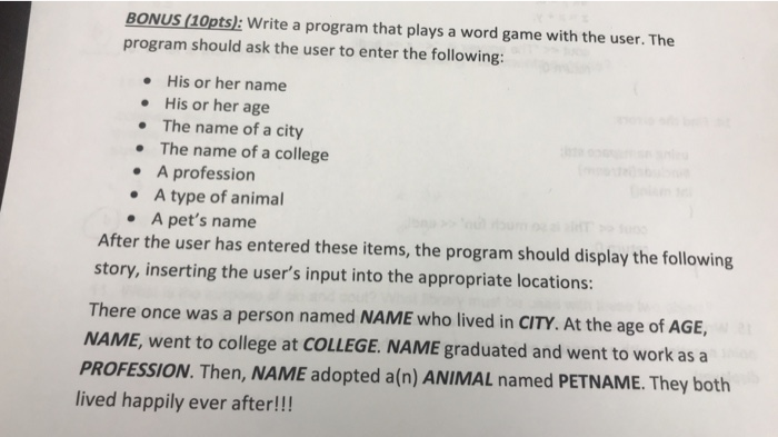  C++ code please BONUS/10pts: Write a program that plays a word