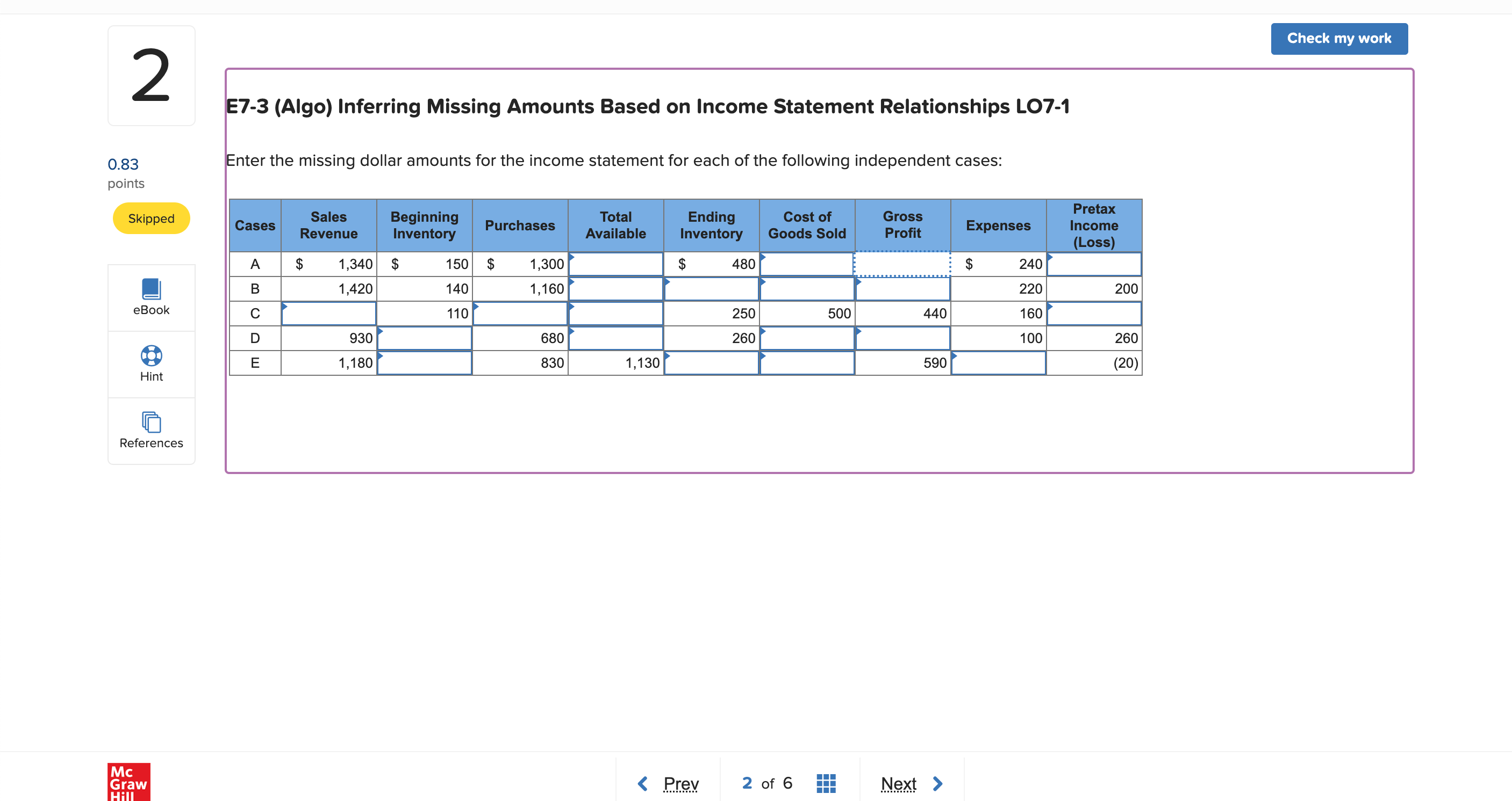 Enter the missing dollar amounts for the income statement for each of