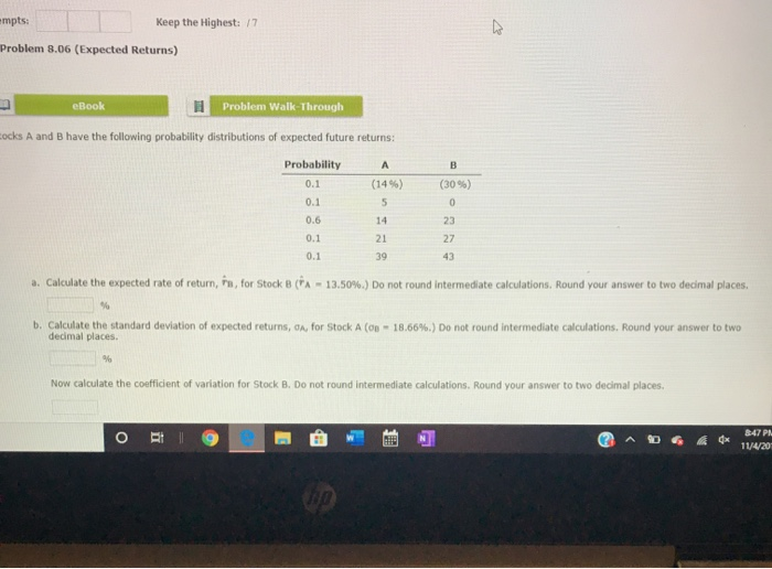  empts: Keep the Highest: /7 Problem 8.06 (Expected Returns) eBook 1