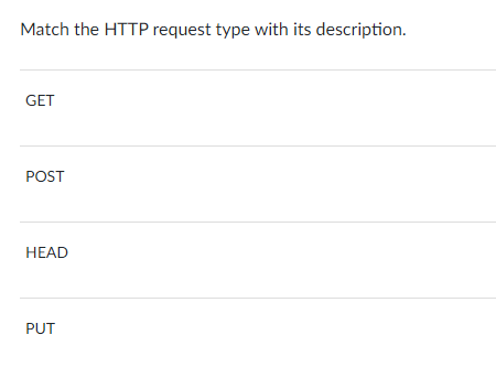  Match the HTTP request type with its description. GET POST HEAD