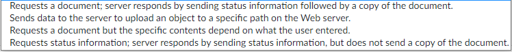 PUT Requests a document; server responds by sending status information followed by