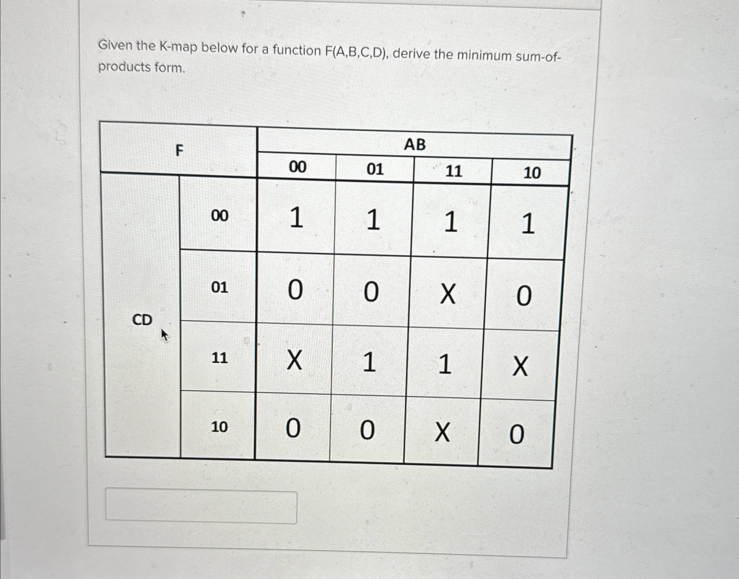  Given the K-map below for a function F(A,B,C,D), derive the minimum