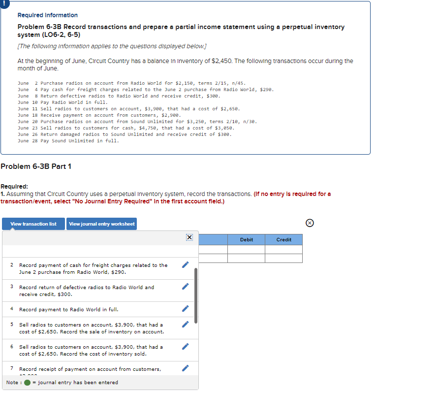  Required Information Problem 6-38 Record transactions and prepare a partial income
