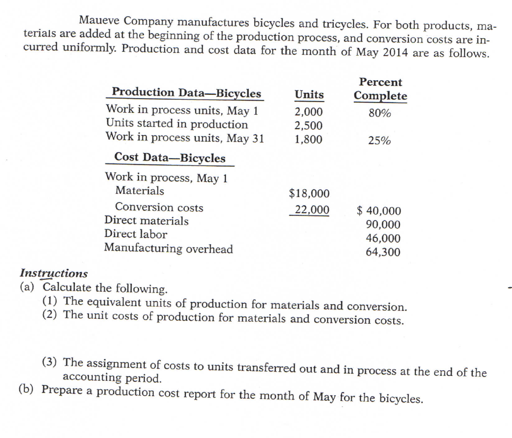 Please help with the following process costing problem. Maueve Company manufactures bicycles