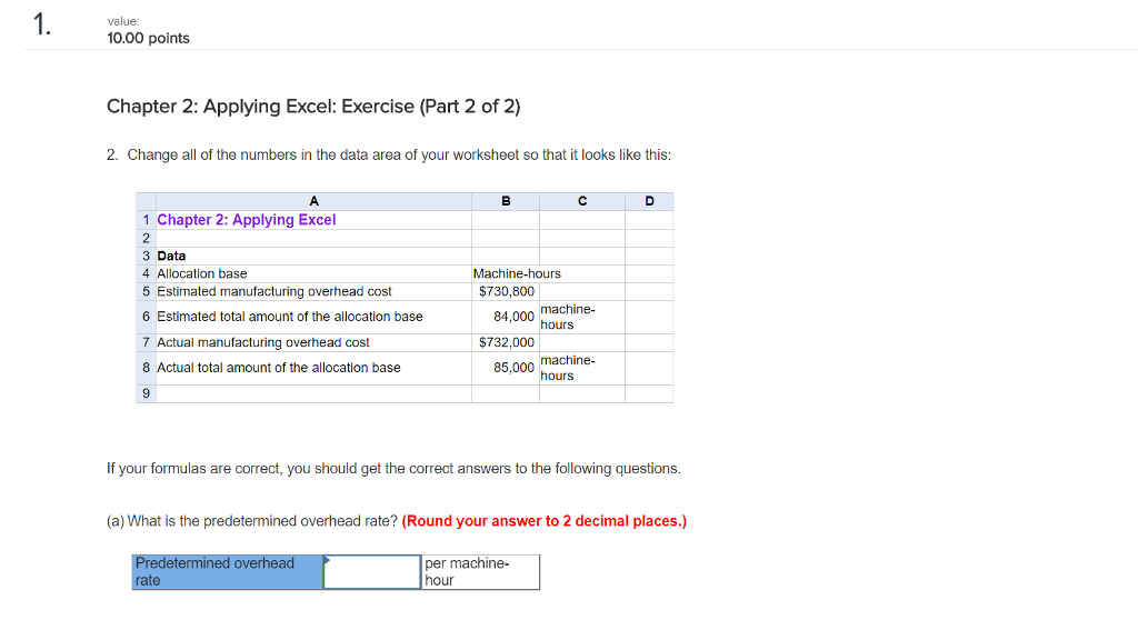  value 10.00 points Chapter 2: Applying Excel: Exercise (Part 2 of