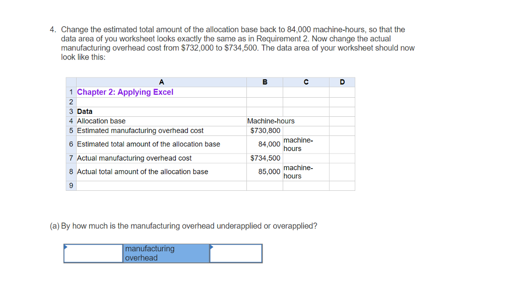 Excel 2 3 Data 4 Allocation base 5 Estimated manufacturing overhead cost
