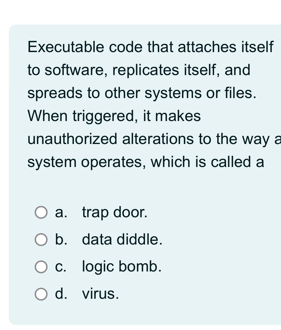  Executable code that attaches itself to software, replicates itself, and spreads