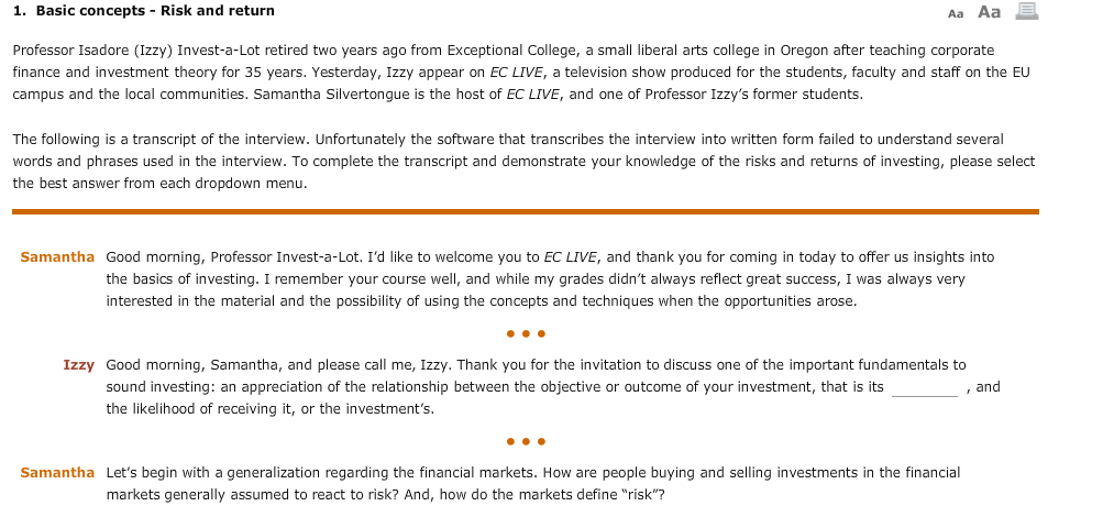  1. Basic concepts - Risk and return Aa Aa Professor Isadore