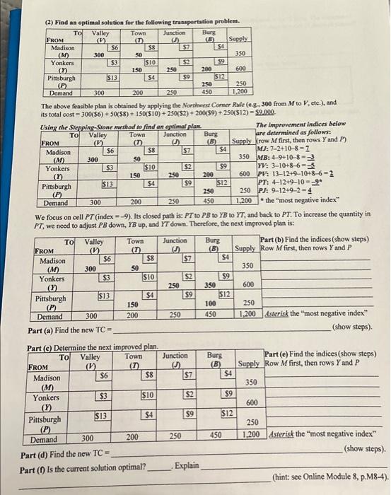 (2) Find an optimal solution for the following transportation problem. To