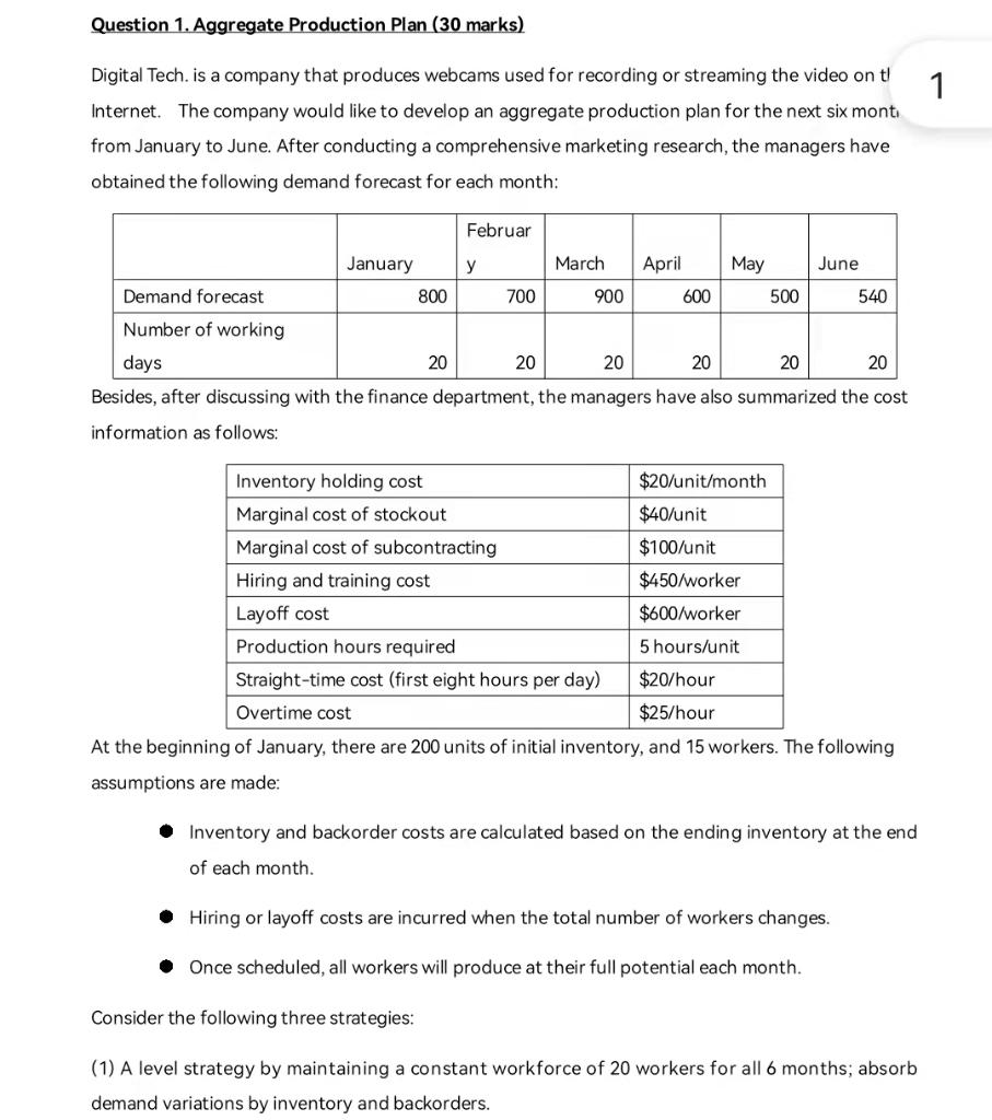  Question 1. Aggregate Production Plan (30 marks) 1 Digital Tech. is