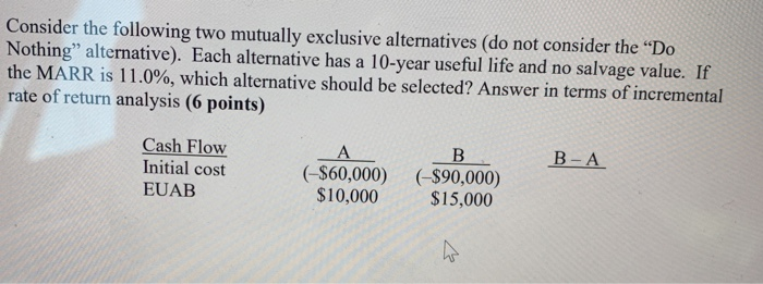  Consider the following two mutually exclusive alternatives (do not consider the