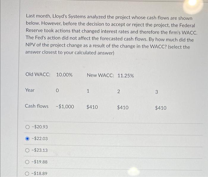  Last month, Lloyd's Systems analyzed the project whose cash flows are
