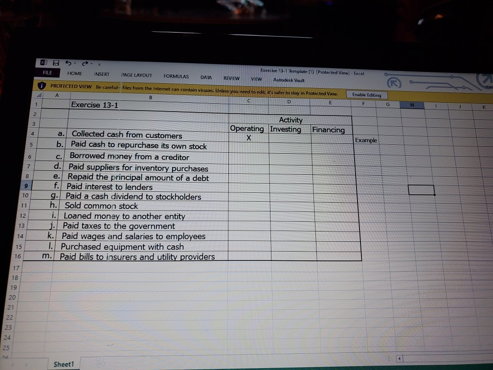  FILE HOME Bercise 13-1 Template (1) (Protected View] - Excel INSERT