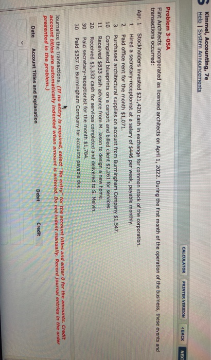  Kimmel, Accounting, 7e Help System Announcements CALCULATOR PRINTER VERSION 4 BACK