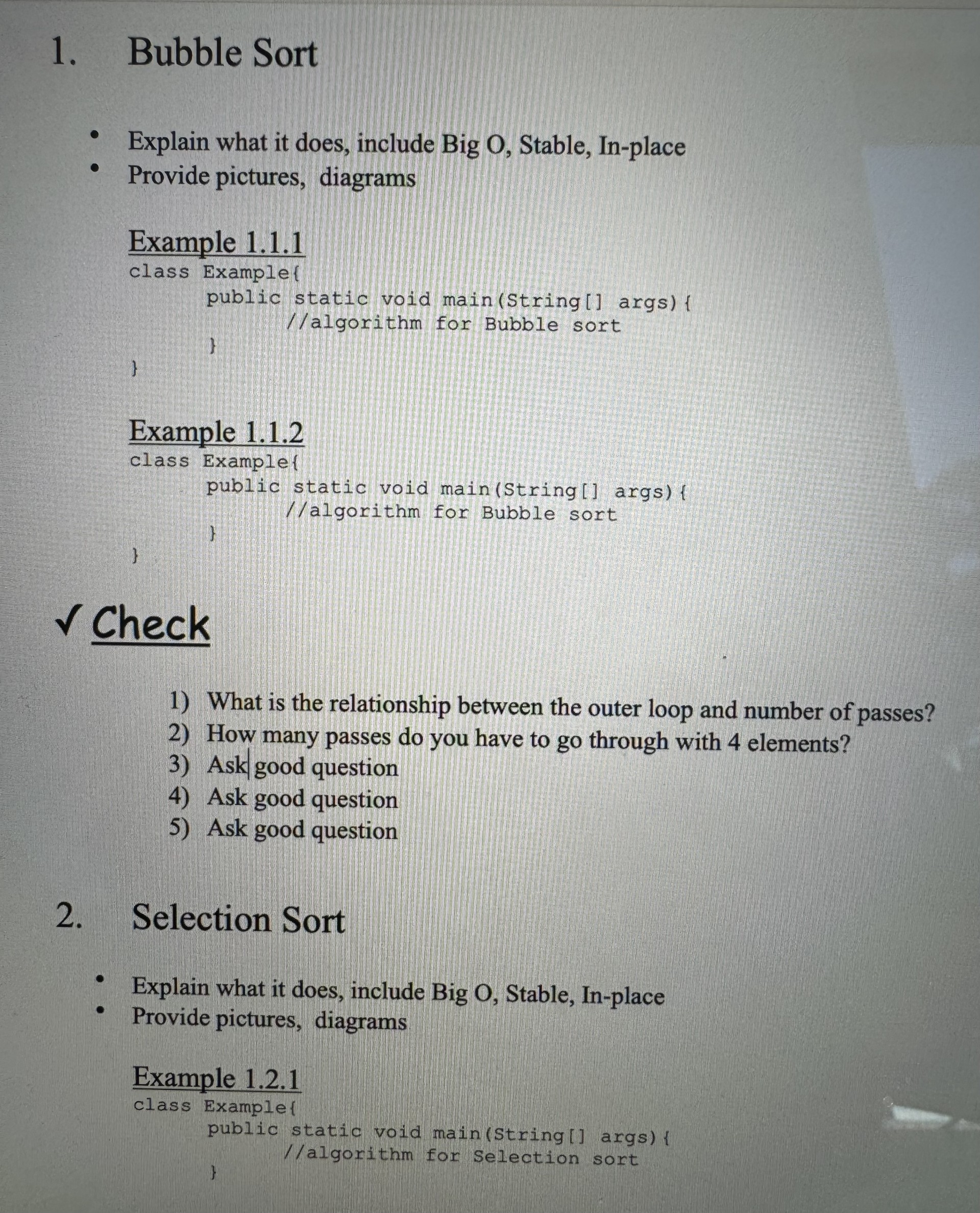  Bubble Sort Explain what it does, include Big O, Stable, In-place