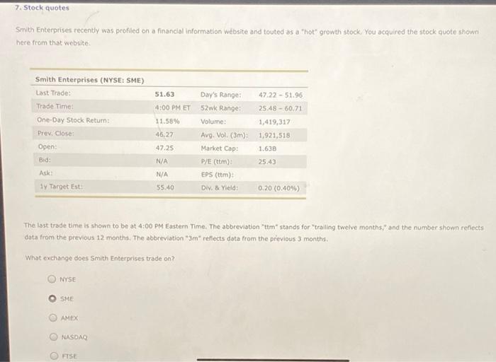  7. Stock quotes Smith Enterprises recently was profiled on a financial